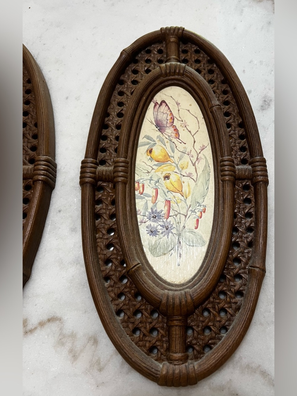 Vintage MCM wall plaques Faux-Rattan Plastic Frame Butterfly Botanical Set Of 2 - Picture 2 of 8